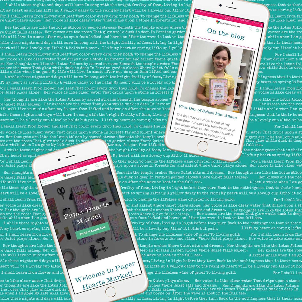 Home Page for Paper Hearts Market on mobile devices on teal patterned background