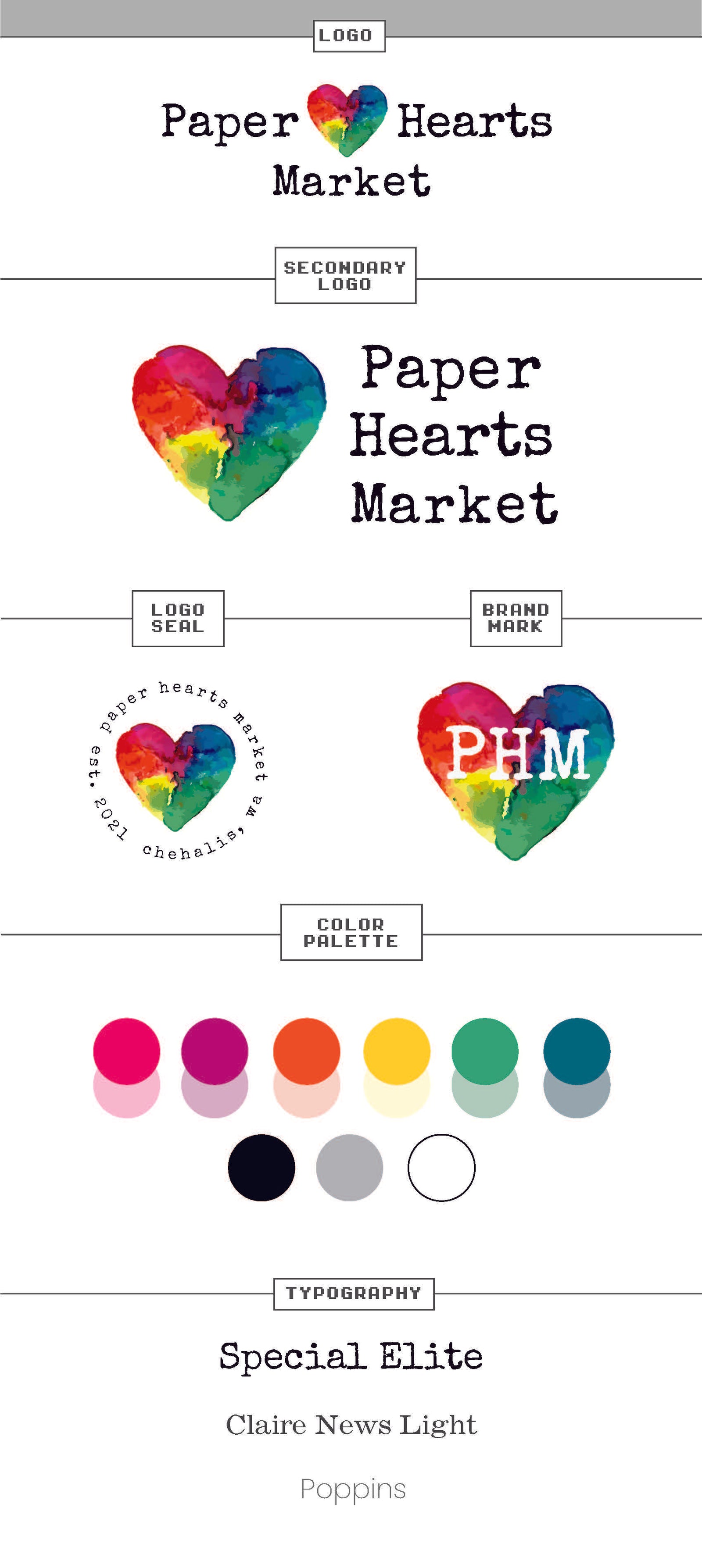 brand board for Paper Hearts Market that includes logos, brand marks, color palette, and typography