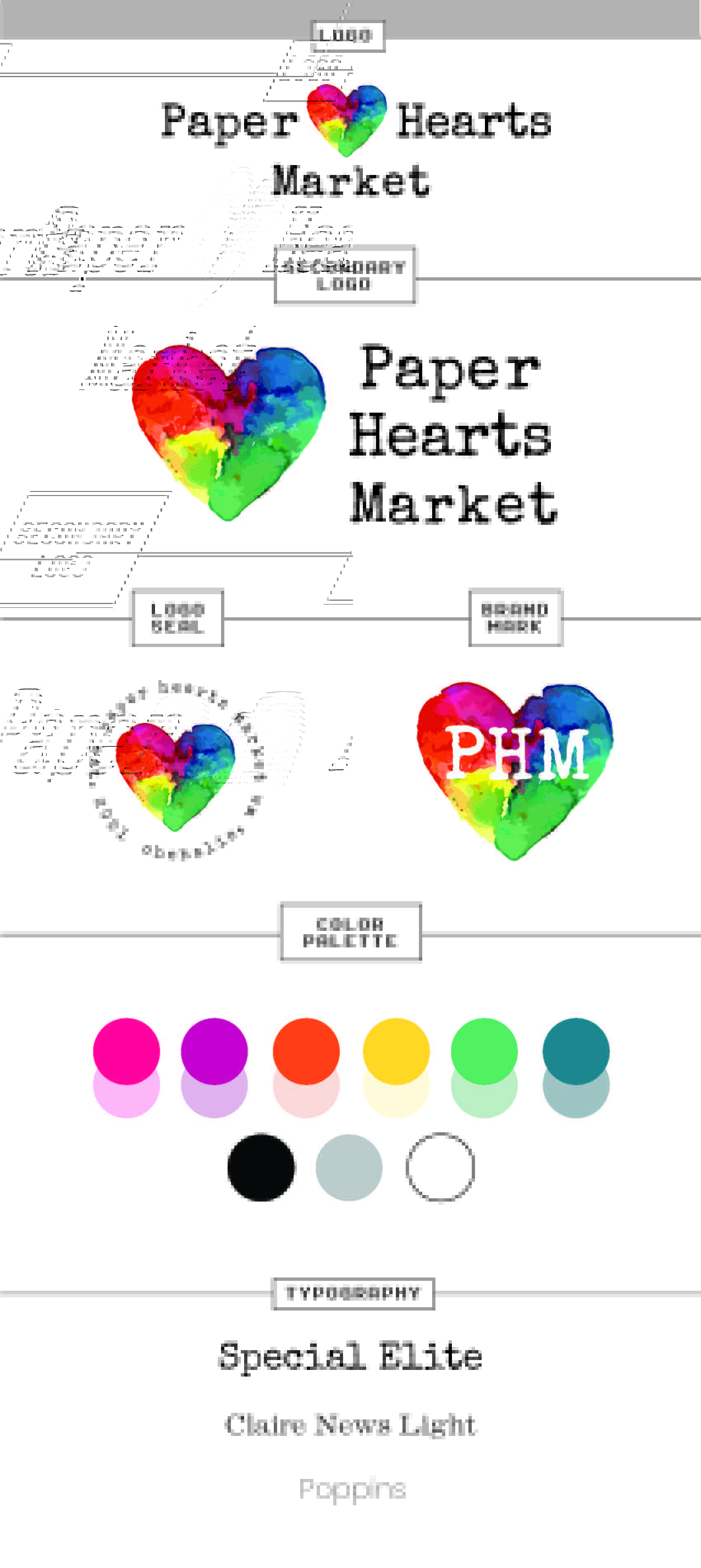 brand board for Paper Hearts Market that includes logos, brand marks, color palette, and typography