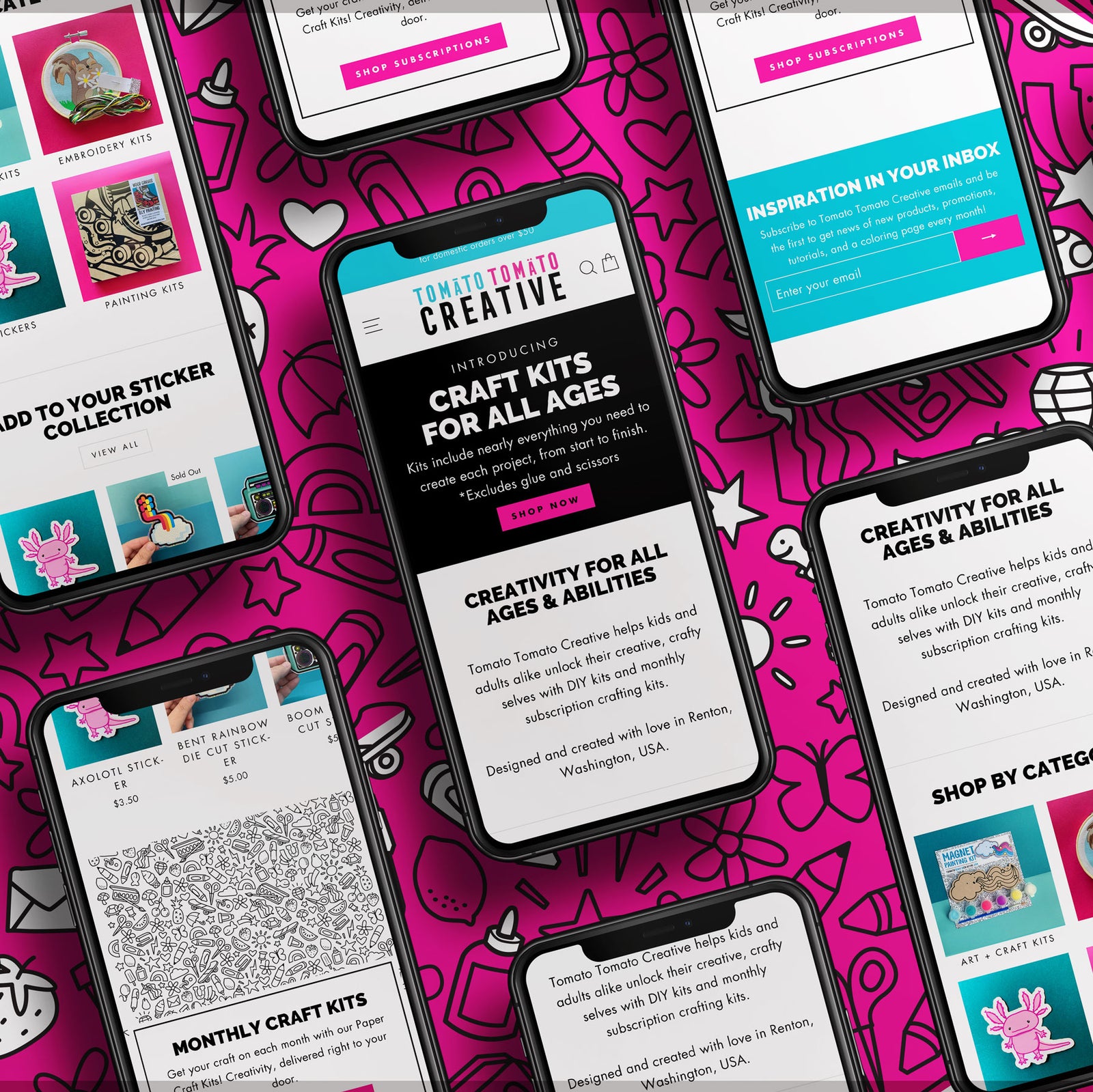 Mockups of many mobile devices with Tomato Tomato Creative's website on the mobile devices