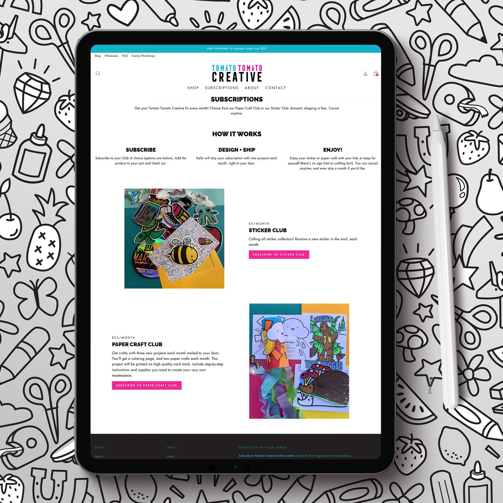 Mockup of Tomato Tomato's Subscription page on website on a tablet device